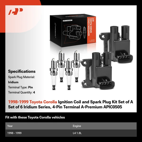 1998-1999 Toyota Corolla Ignition Coil and Spark Plug Kit Set of A Set of 6 Iridium Series, 4-Pin Terminal A-Premium APIC0505