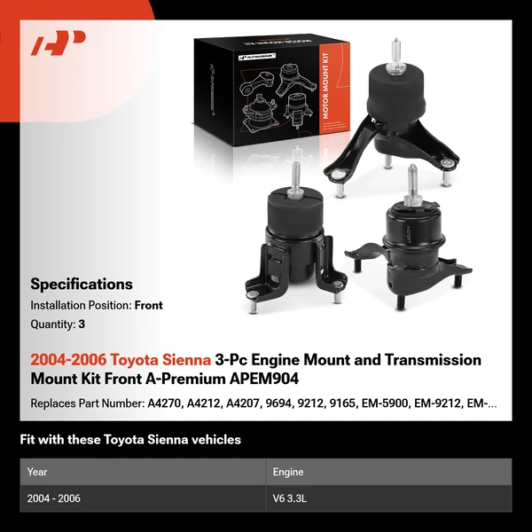2004-2006 Toyota Sienna 3-Pc Engine Mount and Transmission Mount Kit Front A-Premium APEM904