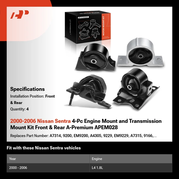 2000-2006 Nissan Sentra 4-Pc Engine Mount and Transmission Mount Kit Front & Rear A-Premium APEM028