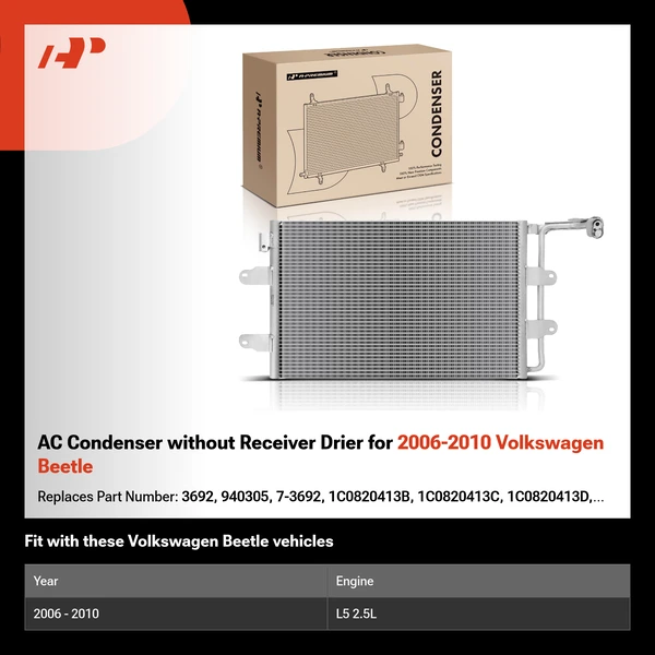 AC Condenser without Receiver Drier for 2006-2010 Volkswagen Beetle