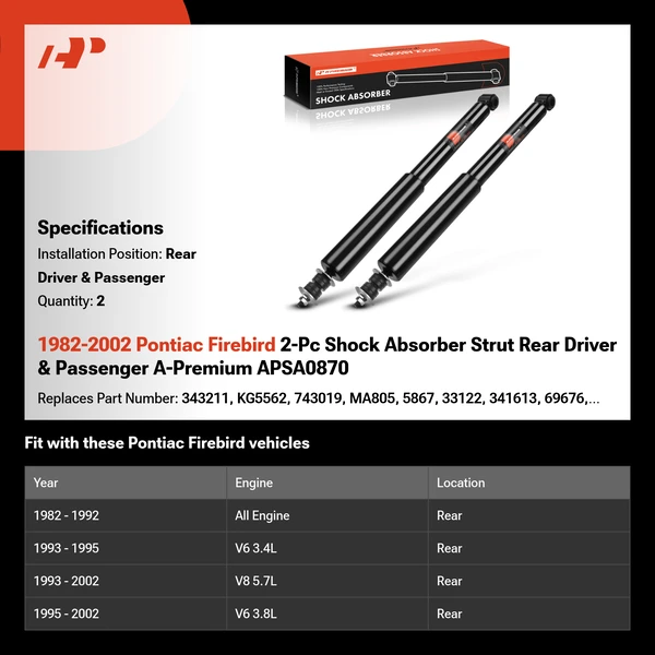 1982-2002 Pontiac Firebird 2-Pc Shock Absorber Strut Rear Driver & Passenger A-Premium APSA0870