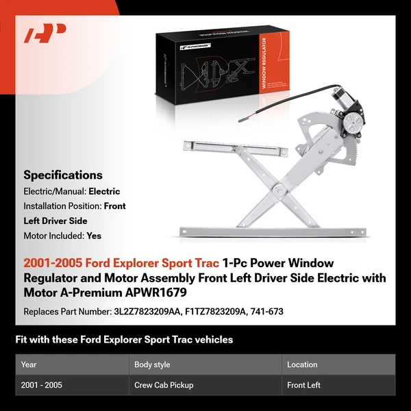 2001-2005 Ford Explorer Sport Trac 1-Pc Power Window Regulator and Motor Assembly Front Left Driver Side Electric with Motor A-Premium APWR1679