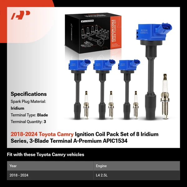 2018-2024 Toyota Camry Ignition Coil Pack Set of 8 Iridium Series, 3-Blade Terminal A-Premium APIC1534