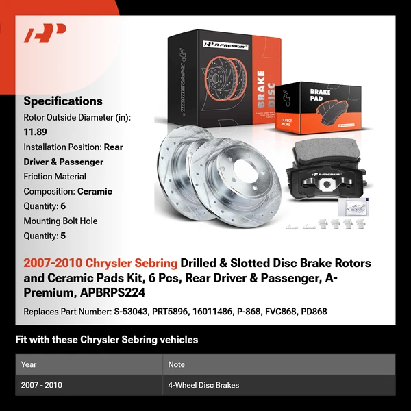 2007-2010 Chrysler Sebring Drilled & Slotted Disc Brake Rotors and Ceramic Pads Kit, 6 Pcs, Rear Driver & Passenger, A-Premium, APBRPS224