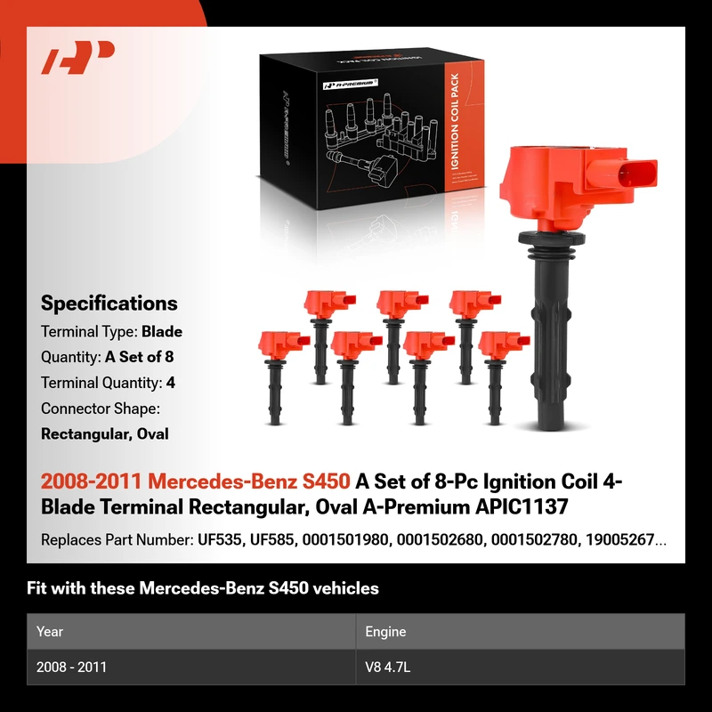 2008-2011 Mercedes-Benz S450 A Set of 8-Pc Ignition Coil 4-Blade Terminal Rectangular, Oval A-Premium APIC1137
