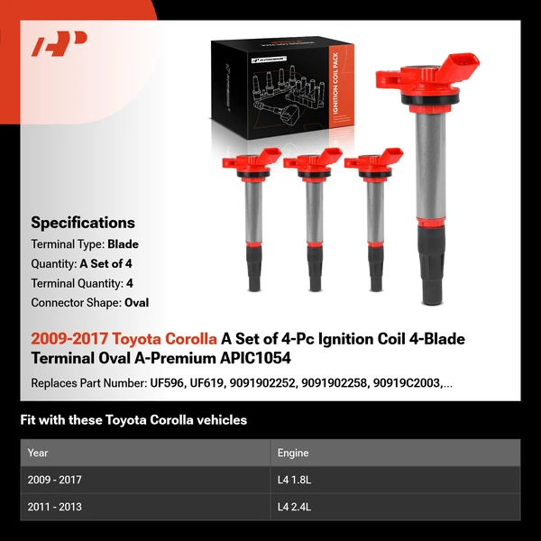 2009-2017 Toyota Corolla A Set of 4-Pc Ignition Coil 4-Blade Terminal Oval A-Premium APIC1054