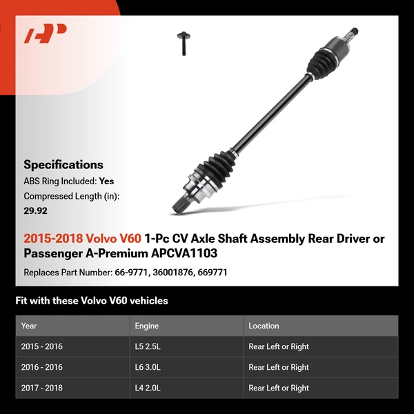 2015-2018 Volvo V60 1-Pc CV Axle Shaft Assembly Rear Driver or Passenger A-Premium APCVA1103