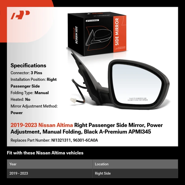 2019-2023 Nissan Altima Right Passenger Side Mirror, Power Adjustment, Manual Folding, Black A-Premium APMI345