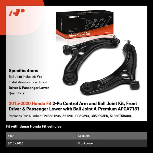 2015-2020 Honda Fit 2-Pc Control Arm and Ball Joint Kit, Front Driver & Passenger Lower with Ball Joint A-Premium APCA7181