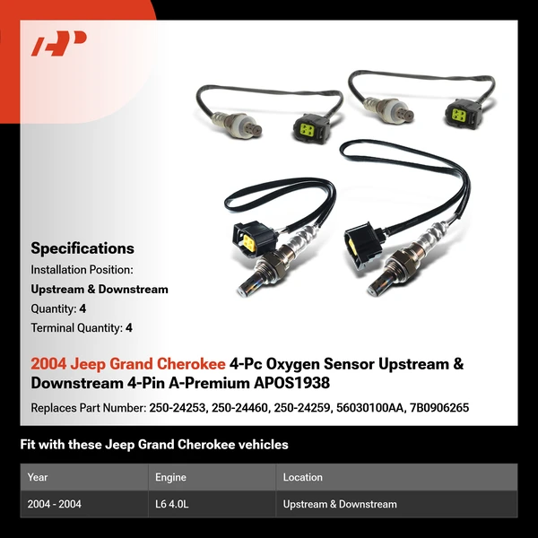 2004 Jeep Grand Cherokee 4-Pc Oxygen Sensor Upstream & Downstream 4-Pin A-Premium APOS1938