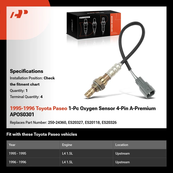 1995-1996 Toyota Paseo 1-Pc Oxygen Sensor 4-Pin A-Premium APOS0301