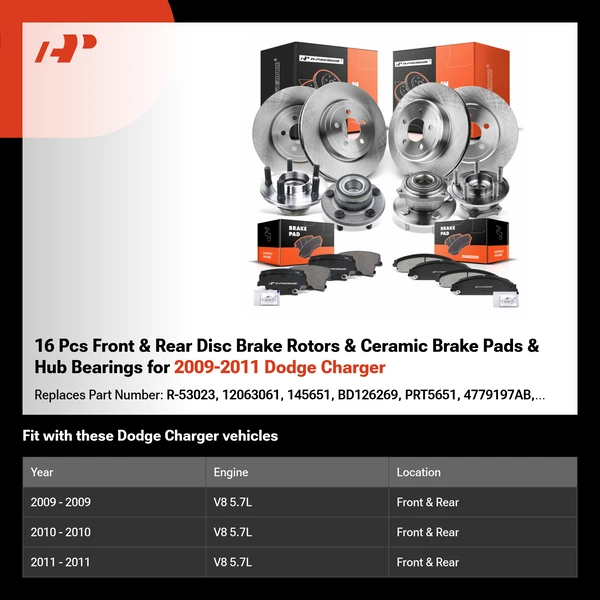 16 Pcs Front & Rear Disc Brake Rotors & Ceramic Brake Pads & Hub Bearings for 2009-2011 Dodge Charger