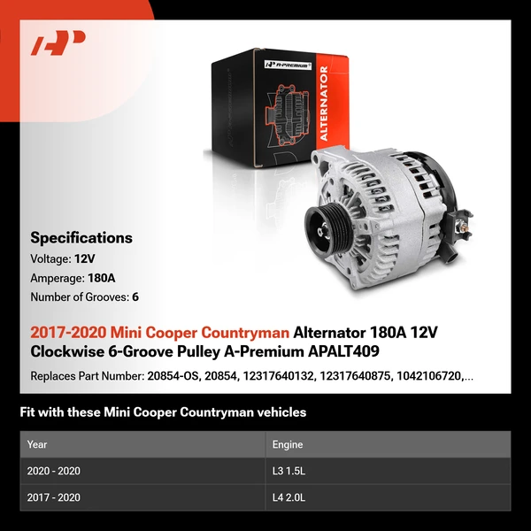 2017-2020 Mini Cooper Countryman Alternator 180A 12V Clockwise 6-Groove Pulley A-Premium APALT409