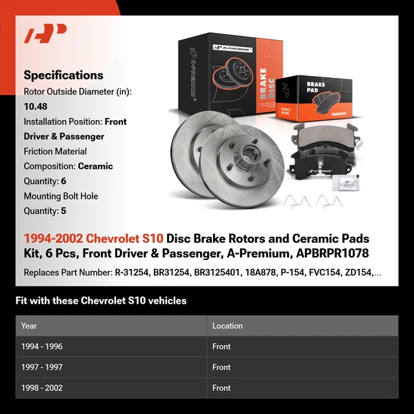 1994-2002 Chevrolet S10 Disc Brake Rotors and Ceramic Pads Kit, 6 Pcs, Front Driver & Passenger, A-Premium, APBRPR1078