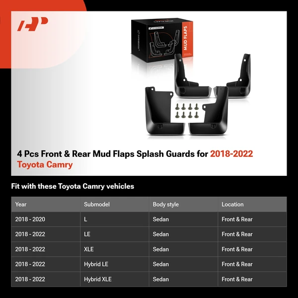 4 Pcs Front & Rear Mud Flaps Splash Guards for 2018-2022 Toyota Camry