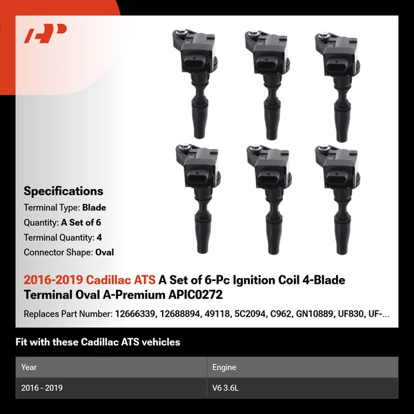 2016-2019 Cadillac ATS A Set of 6-Pc Ignition Coil 4-Blade Terminal Oval A-Premium APIC0272