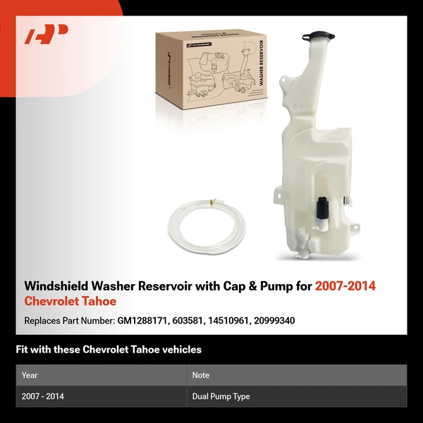Windshield Washer Reservoir with Cap & Pump for 2007-2014 Chevrolet Tahoe