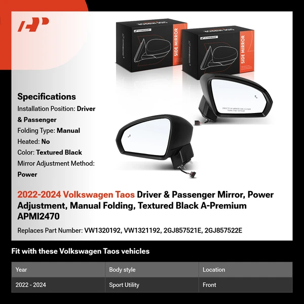 2022-2024 Volkswagen Taos Driver & Passenger Mirror, Power Adjustment, Manual Folding, Textured Black A-Premium APMI2470