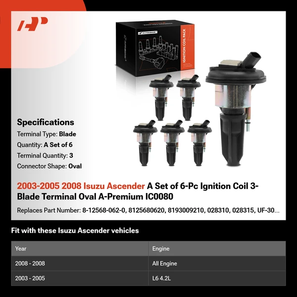2003-2005 2008 Isuzu Ascender A Set of 6-Pc Ignition Coil 3-Blade Terminal Oval A-Premium IC0080