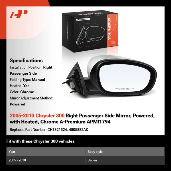 2005-2010 Chrysler 300 Right Passenger Side Mirror, Powered, with Heated, Chrome A-Premium APMI1794