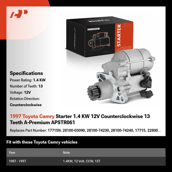 1997 Toyota Camry Starter 1.4 KW 12V Counterclockwise 13 Teeth A-Premium APSTR061
