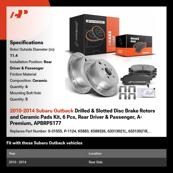 2010-2014 Subaru Outback Drilled & Slotted Disc Brake Rotors and Ceramic Pads Kit, 6 Pcs, Rear Driver & Passenger, A-Premium, APBRPS177