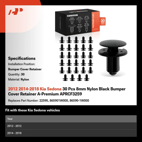 2012 2014-2018 Kia Sedona 30 Pcs 8mm Nylon Black Bumper Cover Retainer A-Premium APRCF3259
