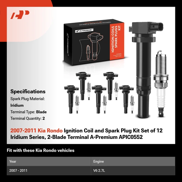 2007-2011 Kia Rondo Ignition Coil and Spark Plug Kit Set of 12 Iridium Series, 2-Blade Terminal A-Premium APIC0552