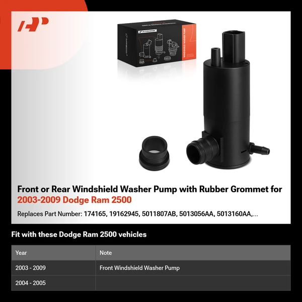 Front or Rear Windshield Washer Pump with Rubber Grommet for 2003-2009 Dodge Ram 2500