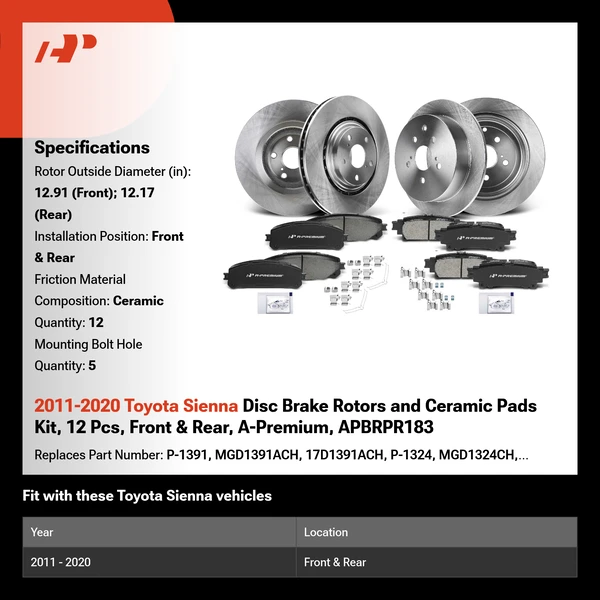 2011-2020 Toyota Sienna Disc Brake Rotors and Ceramic Pads Kit, 12 Pcs, Front & Rear, A-Premium, APBRPR183