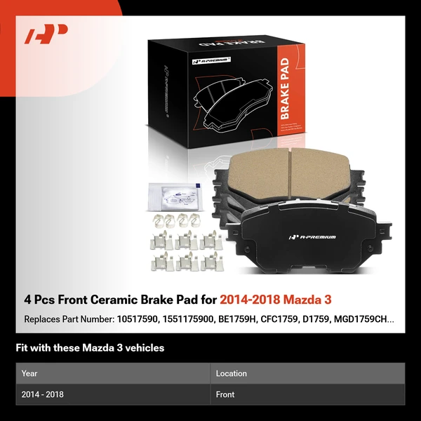 4 Pcs Front Ceramic Brake Pad for 2014-2018 Mazda 3