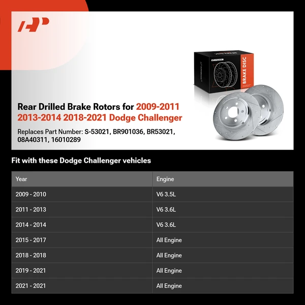 Rear Drilled Brake Rotors  for 2009-2011 2013-2014 2018-2021 Dodge Challenger