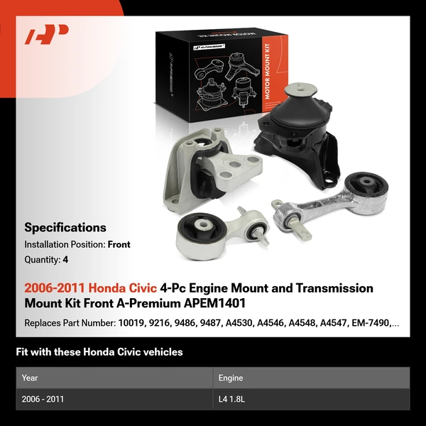 2006-2011 Honda Civic 4-Pc Engine Mount and Transmission Mount Kit Front A-Premium APEM1401