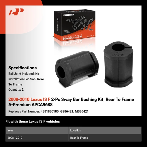 2008-2010 Lexus IS F 2-Pc Sway Bar Bushing Kit, Rear To Frame A-Premium APCA9688
