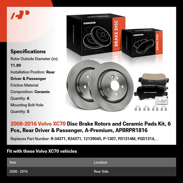 2008-2016 Volvo XC70 Disc Brake Rotors and Ceramic Pads Kit, 6 Pcs, Rear Driver & Passenger, A-Premium, APBRPR1816