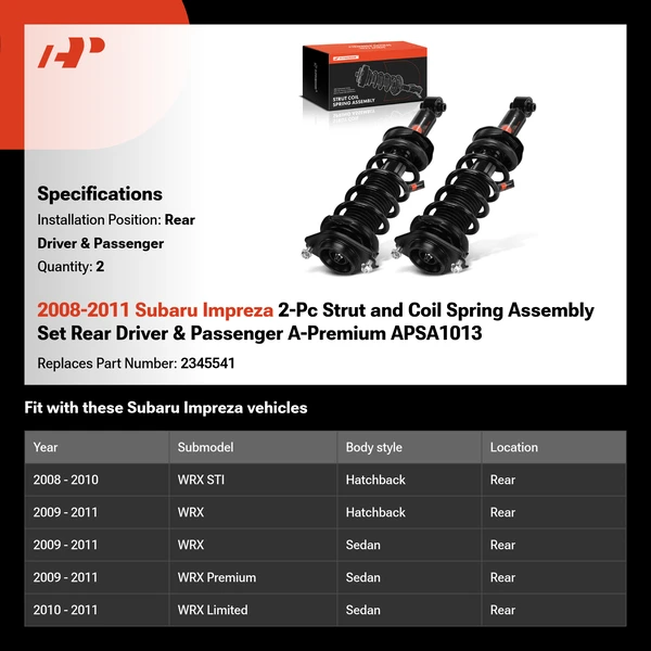 2008-2011 Subaru Impreza 2-Pc Strut and Coil Spring Assembly Set Rear Driver & Passenger A-Premium APSA1013