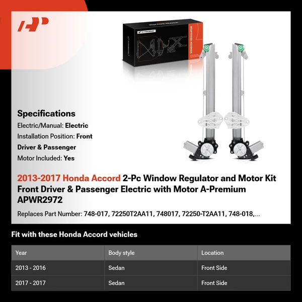 2013-2017 Honda Accord 2-Pc Window Regulator and Motor Kit Front Driver & Passenger Electric with Motor A-Premium APWR2972