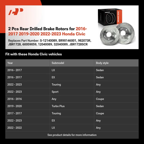 2 Pcs Rear Drilled Brake Rotors for 2016-2017 2019-2020 2022-2023 Honda Civic