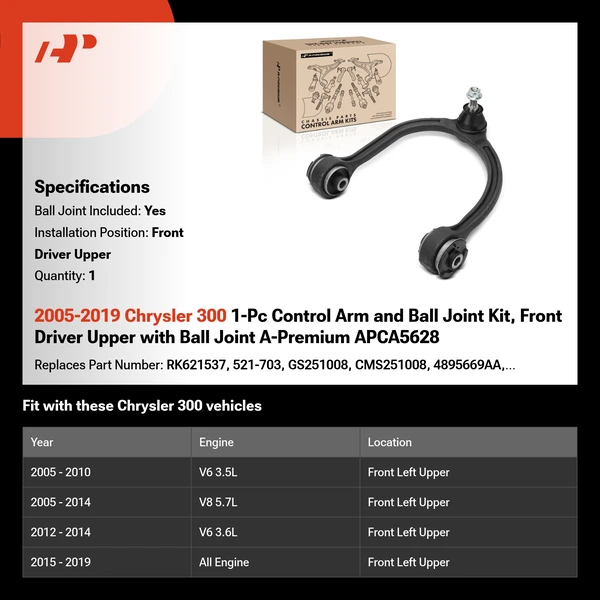 2005-2019 Chrysler 300 1-Pc Control Arm and Ball Joint Kit, Front Driver Upper with Ball Joint A-Premium APCA5628