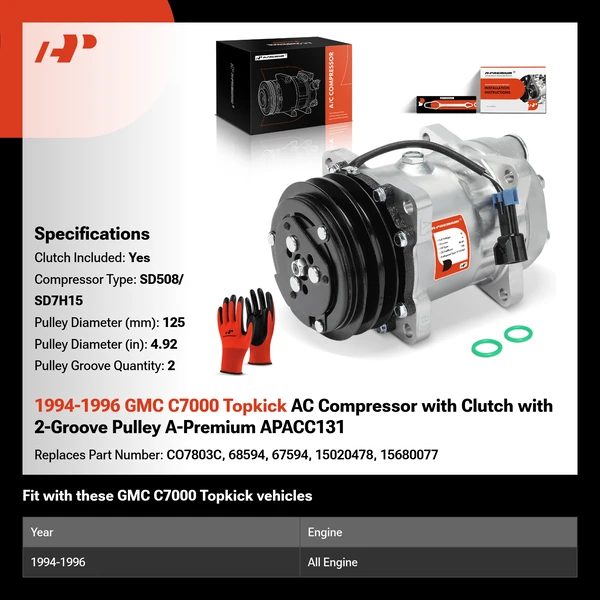 1994-1996 GMC C7000 Topkick AC Compressor with Clutch with 2-Groove Pulley A-Premium APACC131