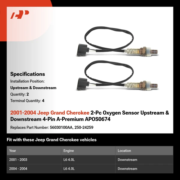 2001-2004 Jeep Grand Cherokee 2-Pc Oxygen Sensor Upstream & Downstream 4-Pin A-Premium APOS0674