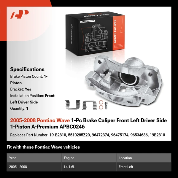 2005-2008 Pontiac Wave 1-Pc Brake Caliper Front Left Driver Side 1-Piston A-Premium APBC0246