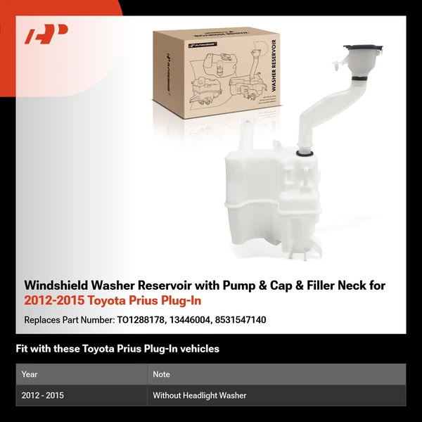 Windshield Washer Reservoir with Pump & Cap & Filler Neck for 2012-2015 Toyota Prius Plug-In