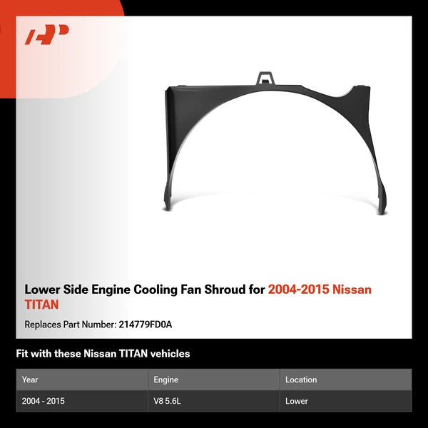 Lower Side Engine Cooling Fan Shroud for 2004-2015 Nissan TITAN