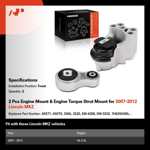 2 Pcs Engine Mount & Engine Torque Strut Mount for 2007-2012 Lincoln MKZ