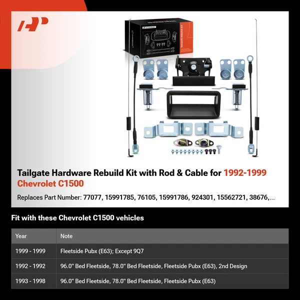 Tailgate Hardware Rebuild Kit with Rod & Cable for 1992-1999 Chevrolet C1500