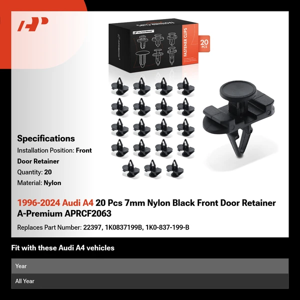 1996-2024 Audi A4 20 Pcs 7mm Nylon Black Front Door Retainer A-Premium APRCF2063
