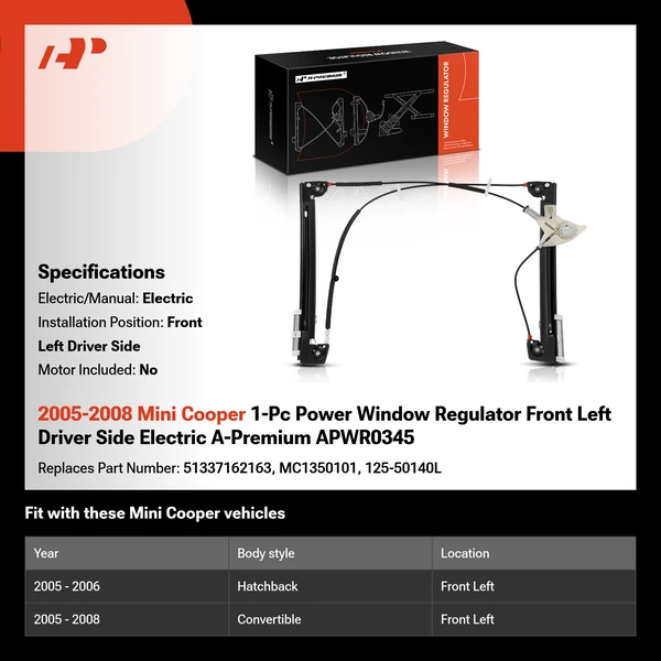 2005-2008 Mini Cooper 1-Pc Power Window Regulator Front Left Driver Side Electric A-Premium APWR0345