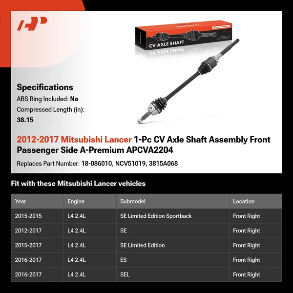 2012-2017 Mitsubishi Lancer 1-Pc CV Axle Shaft Assembly Front Passenger Side A-Premium APCVA2204