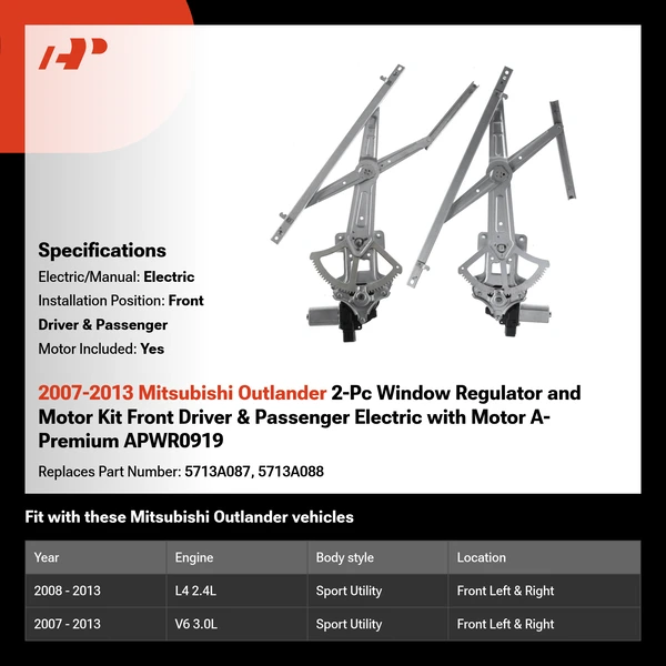 2007-2013 Mitsubishi Outlander 2-Pc Window Regulator and Motor Kit Front Driver & Passenger Electric with Motor A-Premium APWR0919